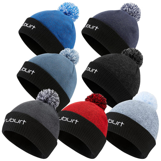 Eight cozy knit hats with pom poms prominently display a variety of colors including blue gray black red and light blue against a plain background showcasing the brand name prominently on the front