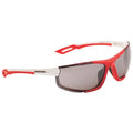 Sunglasses feature a sporty design with a combination of red and white colors the lenses are tinted and the frame has a sturdy build suitable for outdoor activities