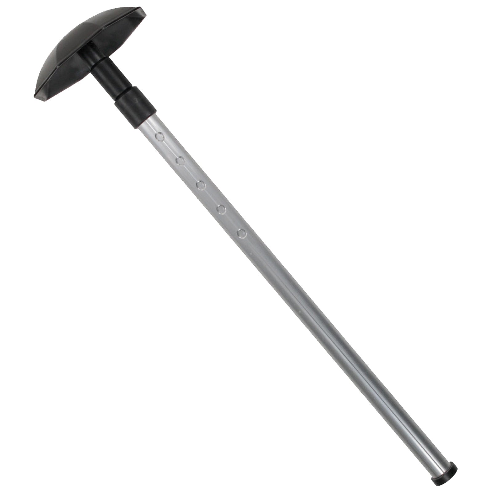 A long metallic tool with a circular black rubber base and a clear shaft featuring adjustment holes is positioned upright suggesting it is ready for use in plumbing or drainage tasks.
