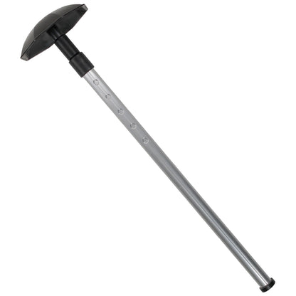 A long metallic tool with a circular black rubber base and a clear shaft featuring adjustment holes is positioned upright suggesting it is ready for use in plumbing or drainage tasks.
