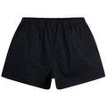 Black swim trunks feature an elastic waistband and a loose fit designed for comfort and mobility suitable for swimming or beach activities. The background is plain and unobtrusive.