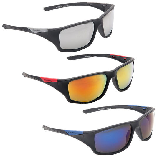 Three pairs of sunglasses are displayed with varying lens colors including grey orange and blue. Each pair features black frames with differing accent colors on the arms and brand labeling.