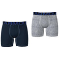 Two pairs of men's underwear are displayed side by side. The left is dark blue with a black waistband labeled ARMOUR. The right is light gray with a similar waistband.