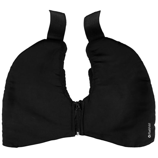 A black, padded neck warmer with a zipper and two adjustable straps is positioned flat, designed to provide warmth and comfort in cold environments.