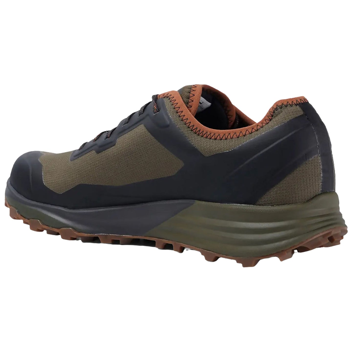 A hiking shoe is positioned at an angle showcasing its sturdy design and grip pattern the shoe features a mix of dark olive green and black materials with a brown accent on the collar.