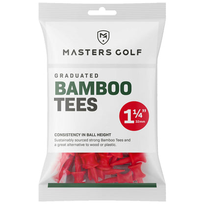 A clear plastic packaging contains graduated bamboo golf tees in red. The product emphasizes consistency in ball height with a sustainable alternative to wood or plastic.