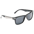 Black sunglasses with a silver accent rest in a neutral setting designed to reduce glare and enhance visibility in bright conditions