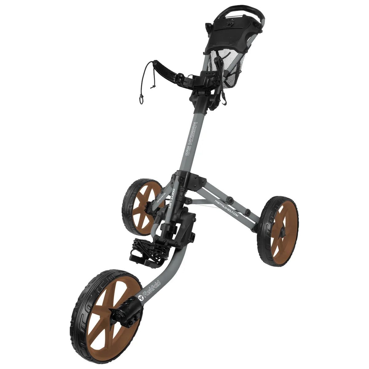 A golf push cart with three large wheels is positioned upright featuring a handlebar and storage compartment designed for carrying golf bags across various terrains.
