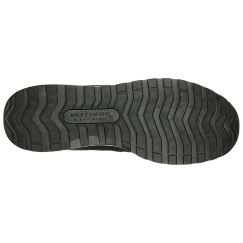 A black shoe sole with a zigzag tread pattern is displayed with text indicating it is oil and slip resistant in a neutral background.