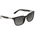 Black sunglasses with dark lenses sit against a neutral background showcasing a stylish frame with angular edges and metallic accents on the temples designed for sun protection and fashion.
