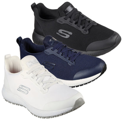 Three pairs of athletic shoes are displayed in black navy and white colors with varying materials and designs showcasing the brand name prominently on each shoe's side.