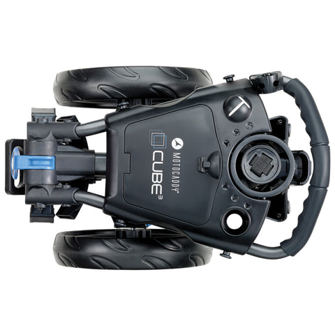 A compact electric golf trolley features two large rear wheels and a front wheel, with a control panel and handle for maneuvering. It is designed for transporting golf equipment on the course.