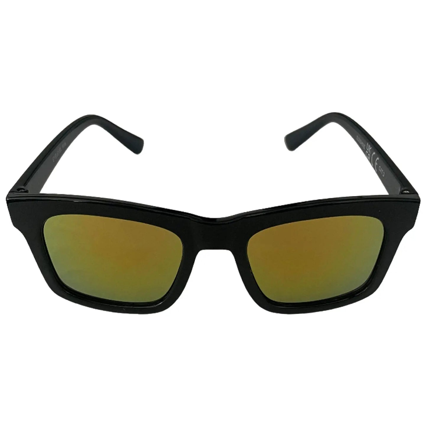Black sunglasses with a rectangular shape and tinted lenses are displayed facing forward against a plain background showcasing their design without any visible obstructions or additional elements.