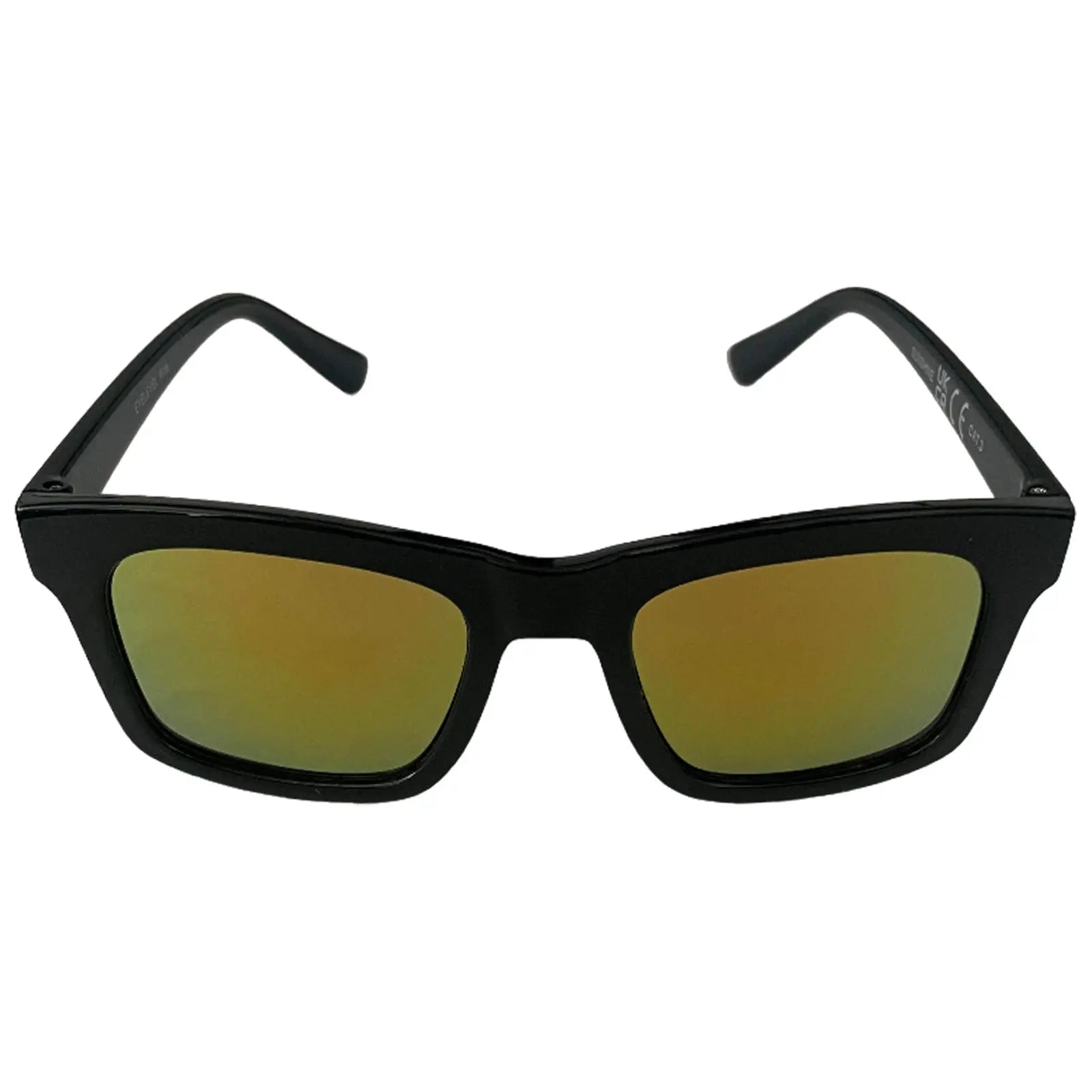 Black sunglasses with a rectangular shape and tinted lenses are displayed facing forward against a plain background showcasing their design without any visible obstructions or additional elements.