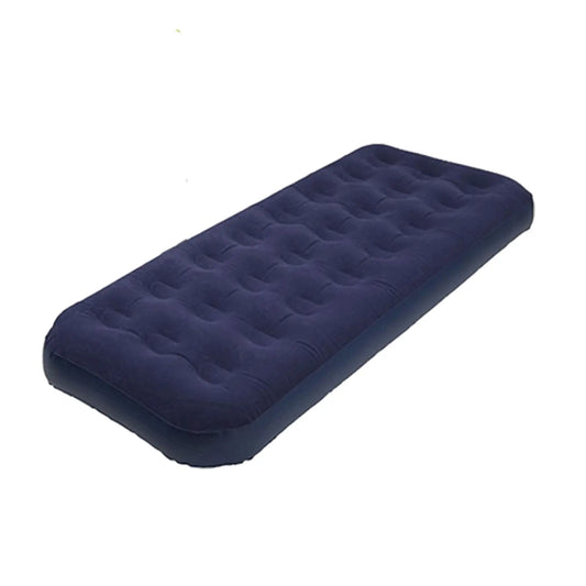 A blue inflatable mattress lies flat with tufted design on top resting on a plain background indicating it is ready for use in a sleeping or resting situation