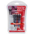 A pack of deluxe wood pencils with erasers and clips is displayed. They are neatly arranged inside a plastic packaging showing vibrant colors on the pencils and branding details.