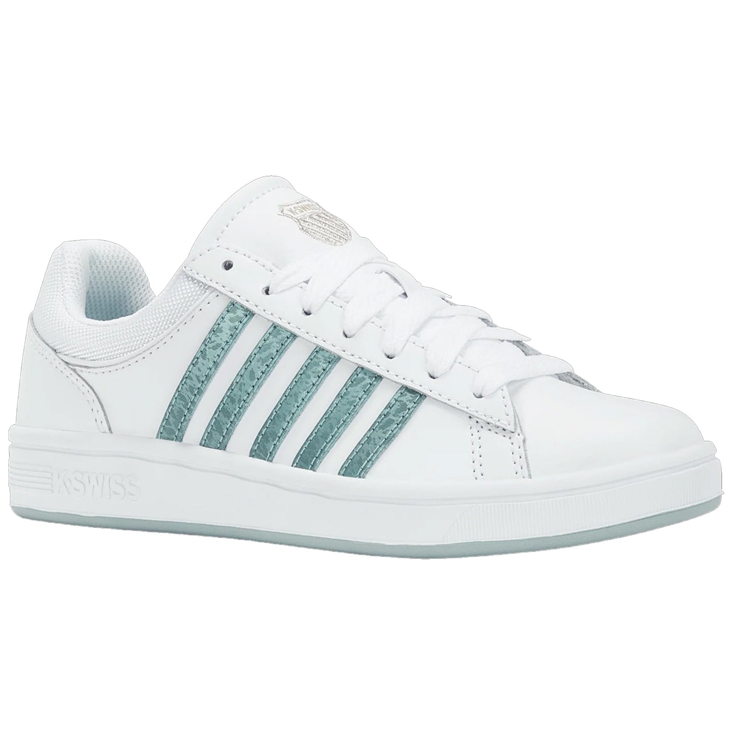 A white sneaker with teal stripes is displayed at an angle showing its laces and padded collar the sneaker's design suggests casual wear and athletic use. K-Swiss logo is visible on the tongue.