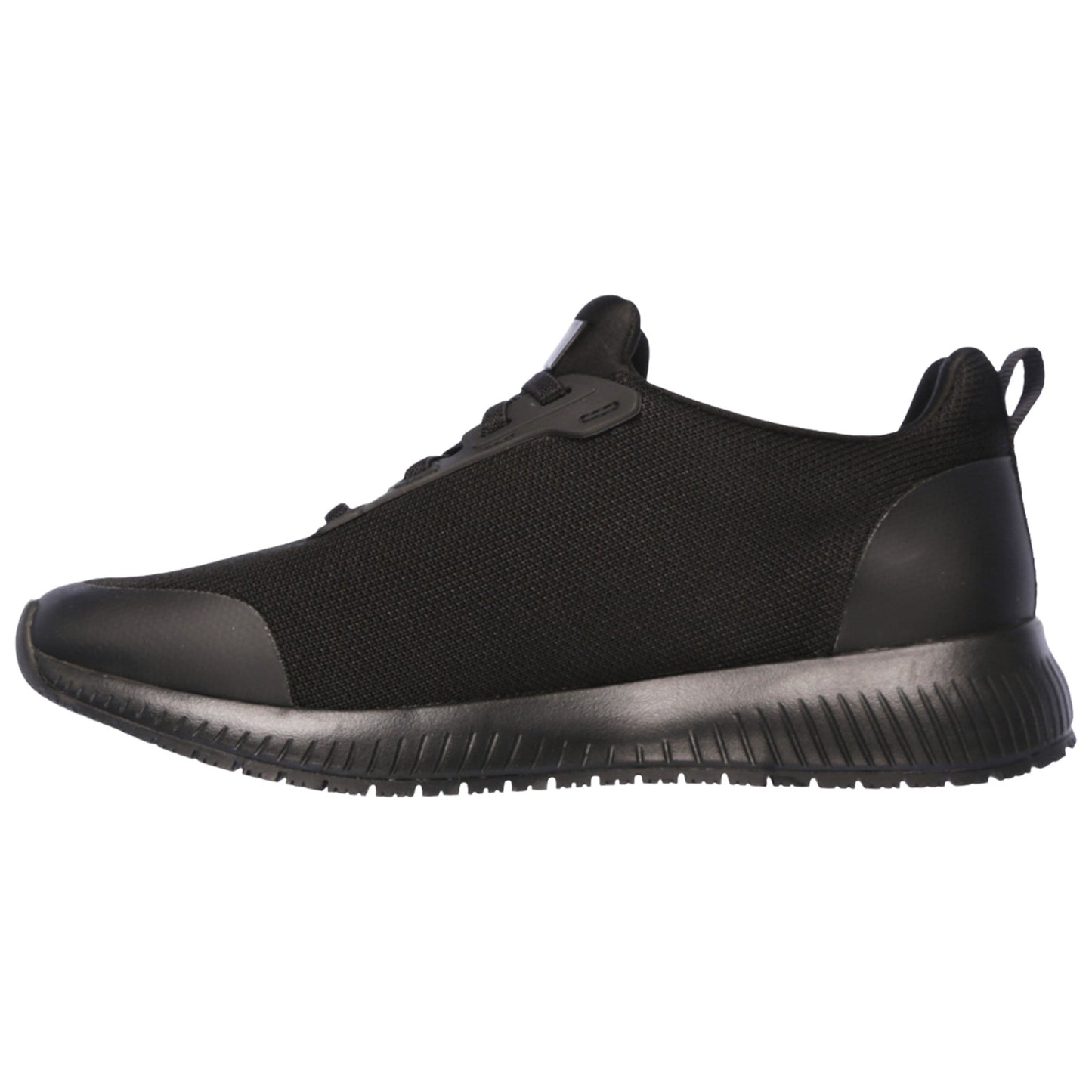 A black athletic shoe with a textured upper fabric and a rubber sole is presented facing to the left in a neutral setting, highlighting its sleek design and cushioning features.