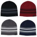 Four knit beanie hats in various colors are displayed. The hats are positioned in two rows with two hats in each row. Each hat features horizontal stripes and a small logo label.