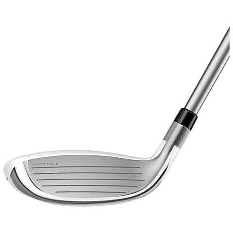 A golf club head is angled downward showcasing a smooth metal surface and grooves designed for striking a ball effectively in a minimalistic white background. The text reads TWIST FACE.