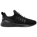 A black athletic sneaker features a mesh upper with crisscross straps and a cushioned sole designed for comfort and support in various activities, set against a plain white background.