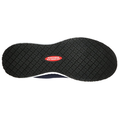 A black rubber shoe sole with a textured surface displays a red label reading SKECHERS SLIP RESISTANT positioned in the center designed for traction on potentially slippery surfaces.