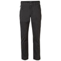 Black pants with a flat front design are displayed standing upright showcasing two zippered pockets on the sides and an additional pocket on the leg suitable for outdoor activities.