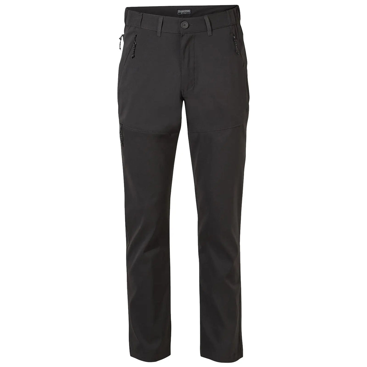 Black pants with a flat front design are displayed standing upright showcasing two zippered pockets on the sides and an additional pocket on the leg suitable for outdoor activities.