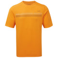 A short-sleeved orange t-shirt with a dotted graphic design across the chest is displayed against a plain background suggesting a casual and vibrant clothing option.
