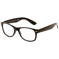 Black reading glasses with a rectangular frame are placed facing forward showcasing clear lenses and smooth edges resting on a flat surface in a neutral background setting.