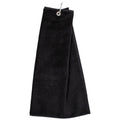 A black towel hangs from a metal grommet designed for drying or wiping surfaces in a bathroom or kitchen environment showcasing a simple and functional textile design.