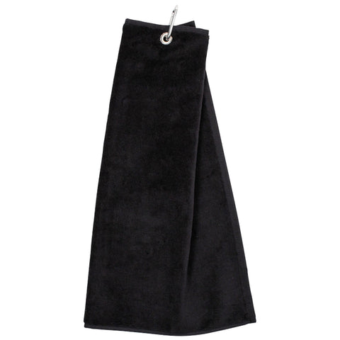 A black towel hangs from a metal grommet designed for drying or wiping surfaces in a bathroom or kitchen environment showcasing a simple and functional textile design.