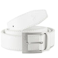 A white leather belt is coiled with its end slightly raised showcasing a silver buckle embossed with the name Farah positioned against a plain white background.