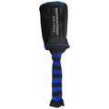 A black and blue sports glove with a textured palm and a striped knit wrist is positioned upright against a neutral background showcasing its design for athletic use.