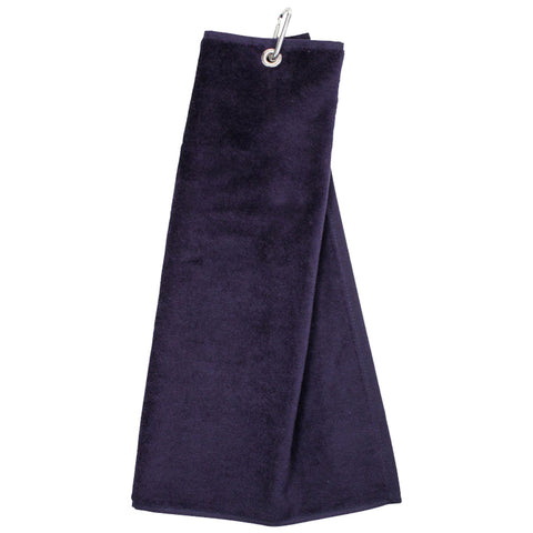 A dark purple towel hangs vertically supported by a metal hook showcasing its soft texture and absorbent qualities in a clean and simple setting