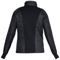 A black jacket featuring a structured design with padded shoulders and sleeves is displayed from the back against a plain background showcasing its contrasting textures and tailored fit.