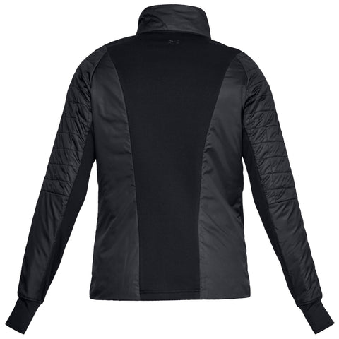 A black jacket featuring a structured design with padded shoulders and sleeves is displayed from the back against a plain background showcasing its contrasting textures and tailored fit.