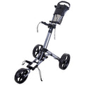 A golf push cart with three wheels stands upright with a height-adjustable handle and a mesh storage area at the top designed for carrying golf bags and accessories.