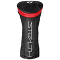 A black golf club headcover features a red top and white lettering. It is designed to protect the club head while not being used, typically placed on a golf course.