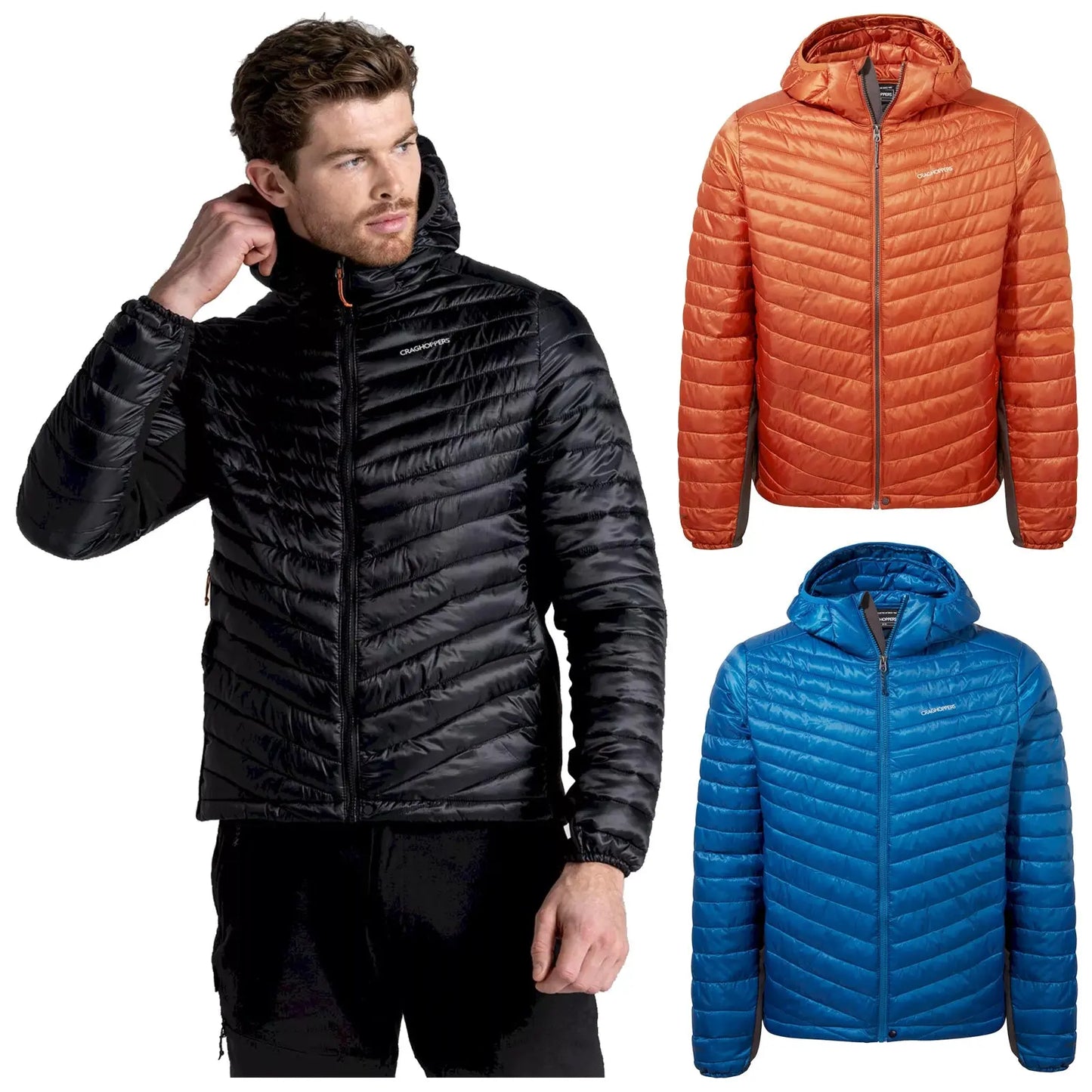 A man in a black puffy jacket adjusts his hood while three additional jackets in orange and blue are displayed alongside him, showcasing different colors and designs for outdoor wear.