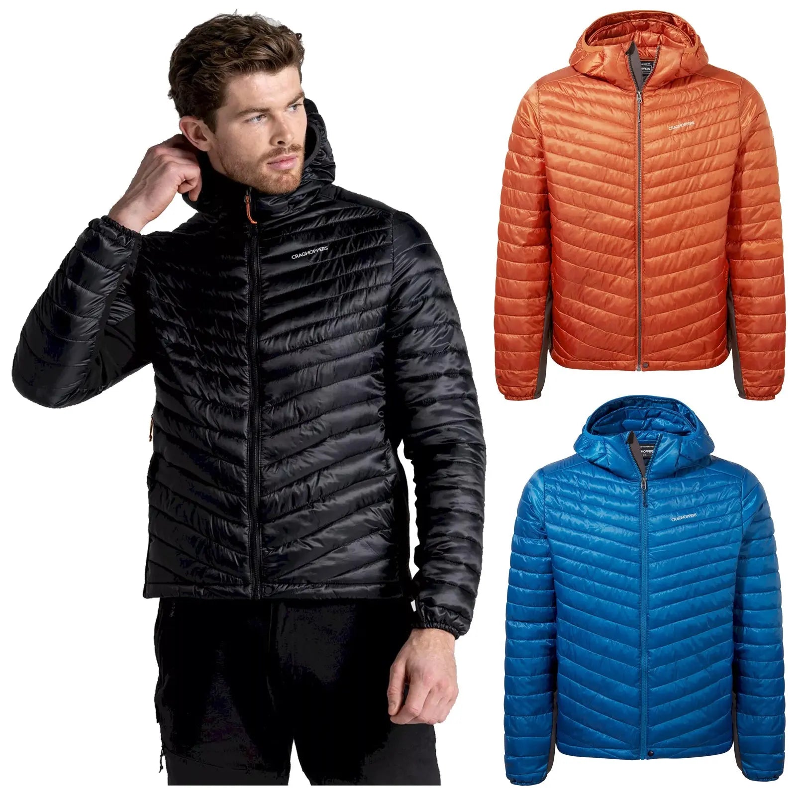 A man in a black puffy jacket adjusts his hood while three additional jackets in orange and blue are displayed alongside him, showcasing different colors and designs for outdoor wear.