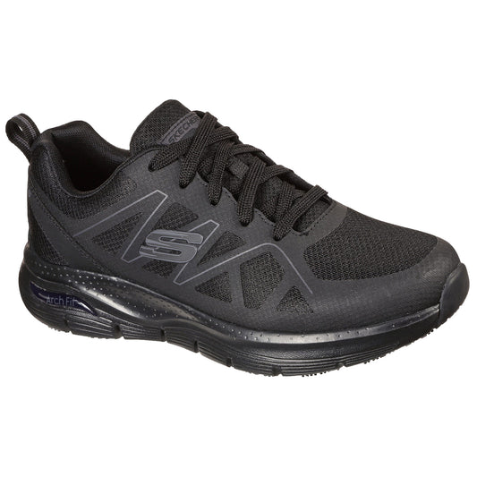 A black athletic shoe designed for comfort and support sits against a plain background showcasing its mesh upper and rubber sole ideal for walking or running activities.