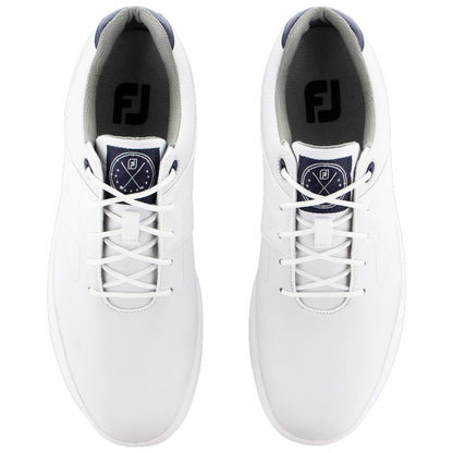 White athletic shoes are positioned facing upward showcasing their laces and insoles highlighting a dark logo on the tongue with a simple sleek design that suggests functionality and style