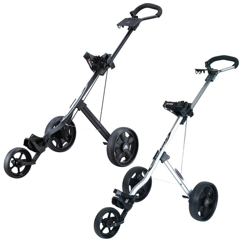 Big Max Lite III 3-Wheel Golf Trolley A golf push cart with a three-wheel design stands upright showing two separate models one black and one silver both ready for use on a golf course.