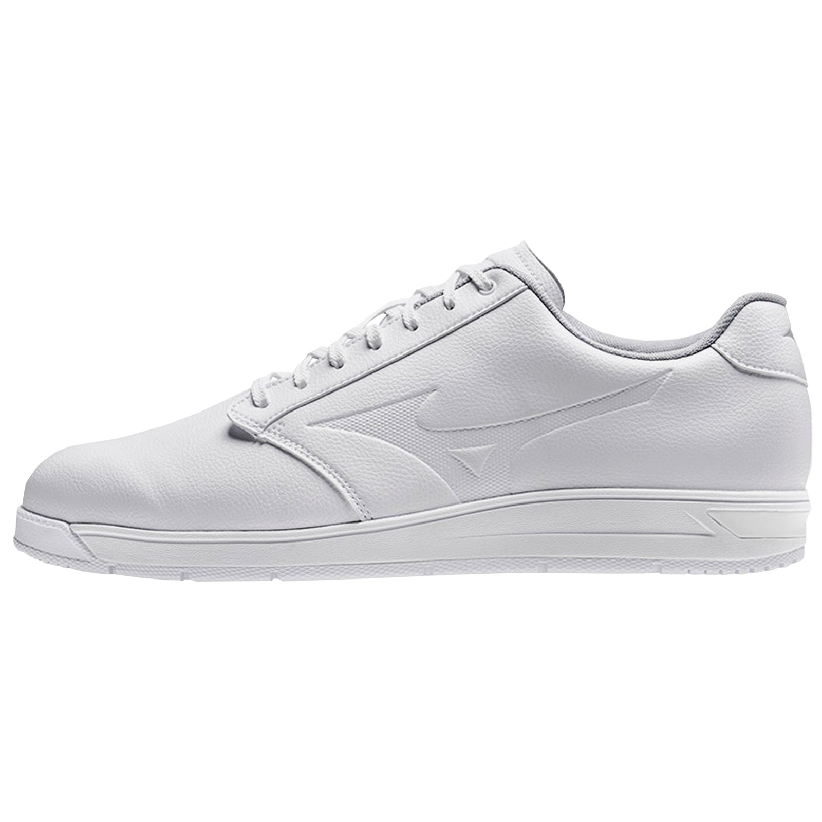 A pair of white athletic shoes is displayed side-on showcasing a smooth leather upper with a simplistic design and lace-up closure set against a plain white background.