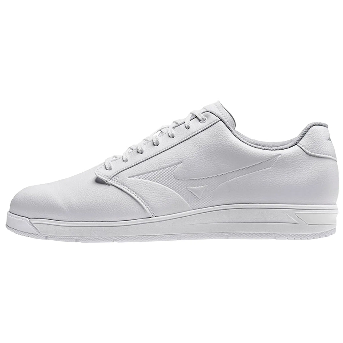 A pair of white athletic shoes is displayed side-on showcasing a smooth leather upper with a simplistic design and lace-up closure set against a plain white background.