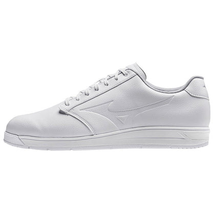 A pair of white athletic shoes is displayed side-on showcasing a smooth leather upper with a simplistic design and lace-up closure set against a plain white background.