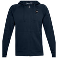 A dark blue zip-up hoodie is displayed front-facing with a hood and two front pockets featuring a small logo on the upper left side of the chest