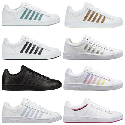 Nine pairs of K-Swiss sneakers are displayed in three rows. Each pair features a different color scheme and stripe design, showcasing variety in style and design under neutral lighting.