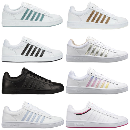 Nine pairs of K-Swiss sneakers are displayed in three rows. Each pair features a different color scheme and stripe design, showcasing variety in style and design under neutral lighting.